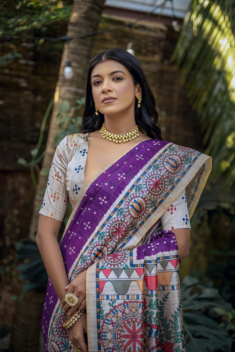Maroon khun saree with exclusive hand painted madhubani pallu and bord –  Sujatra