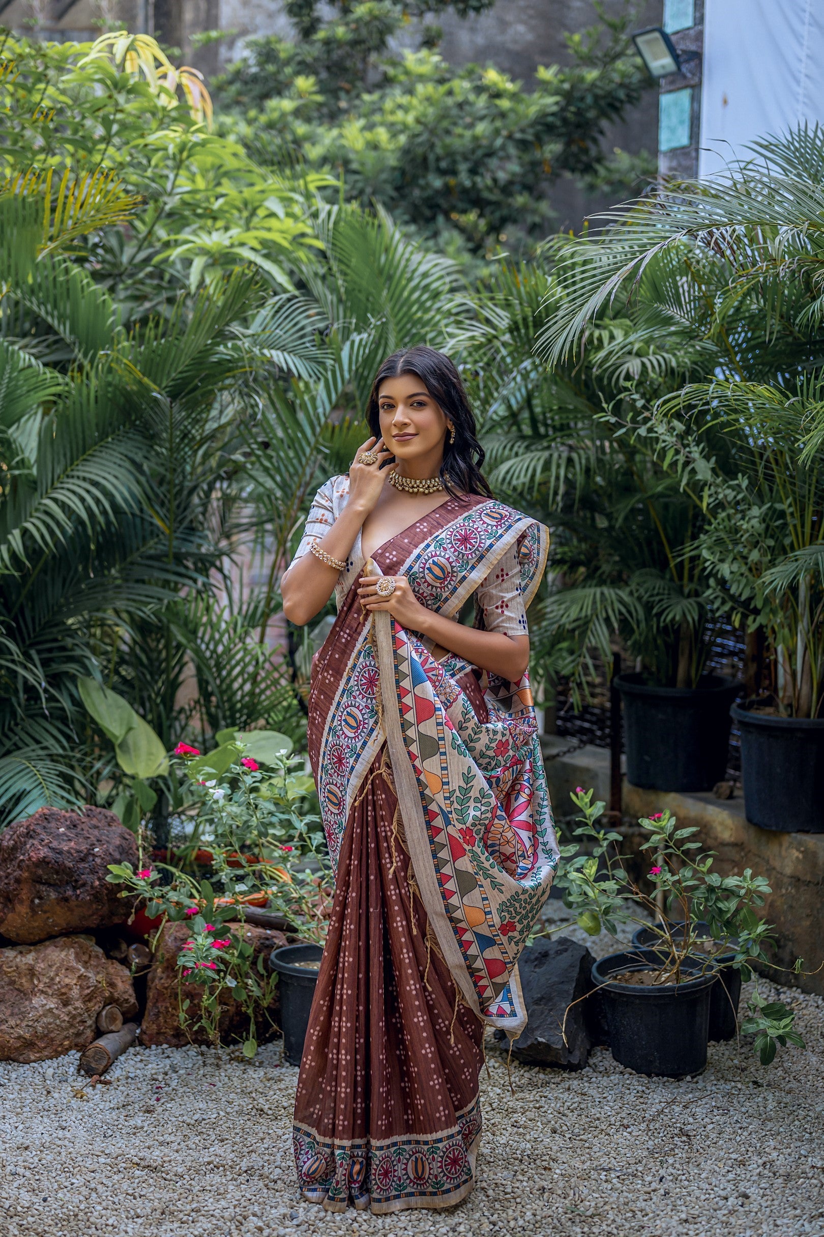 MySilkLove Ferra Brown Madhubani Tussar Printed Silk Saree