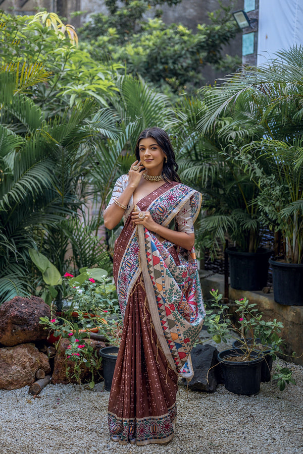Ferra Brown Madhubani Tussar Printed Silk Saree