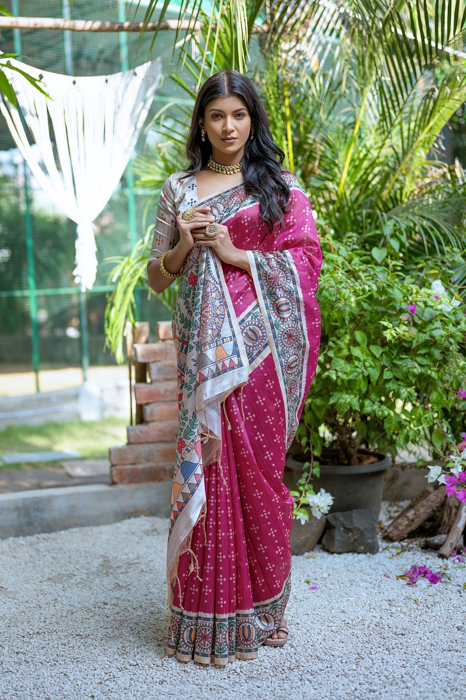 Buy MySilkLove Mystic Pink Madhubani Tussar Printed Silk Saree Online