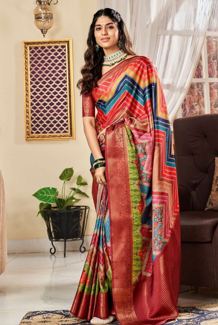 Buy MySilkLove Multicolor Red Printed Satin Silk Saree Online