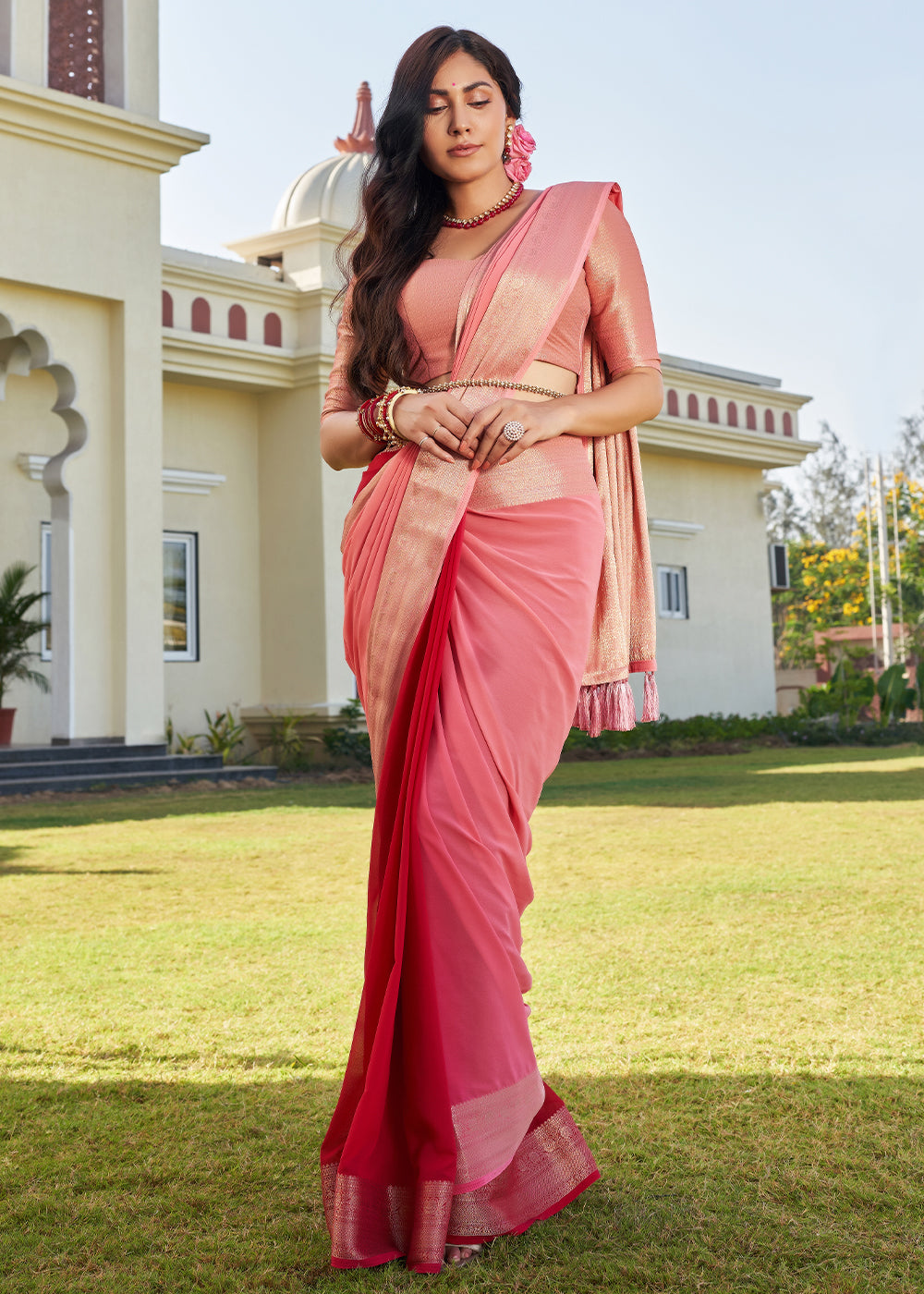 Buy MySilkLove Froly Peach Woven Georgette saree Online