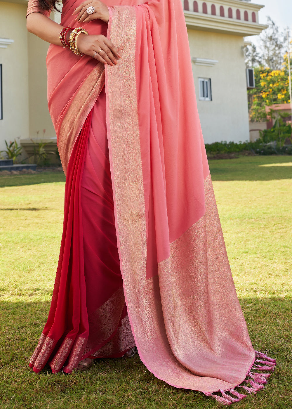 Buy MySilkLove Froly Peach Woven Georgette saree Online