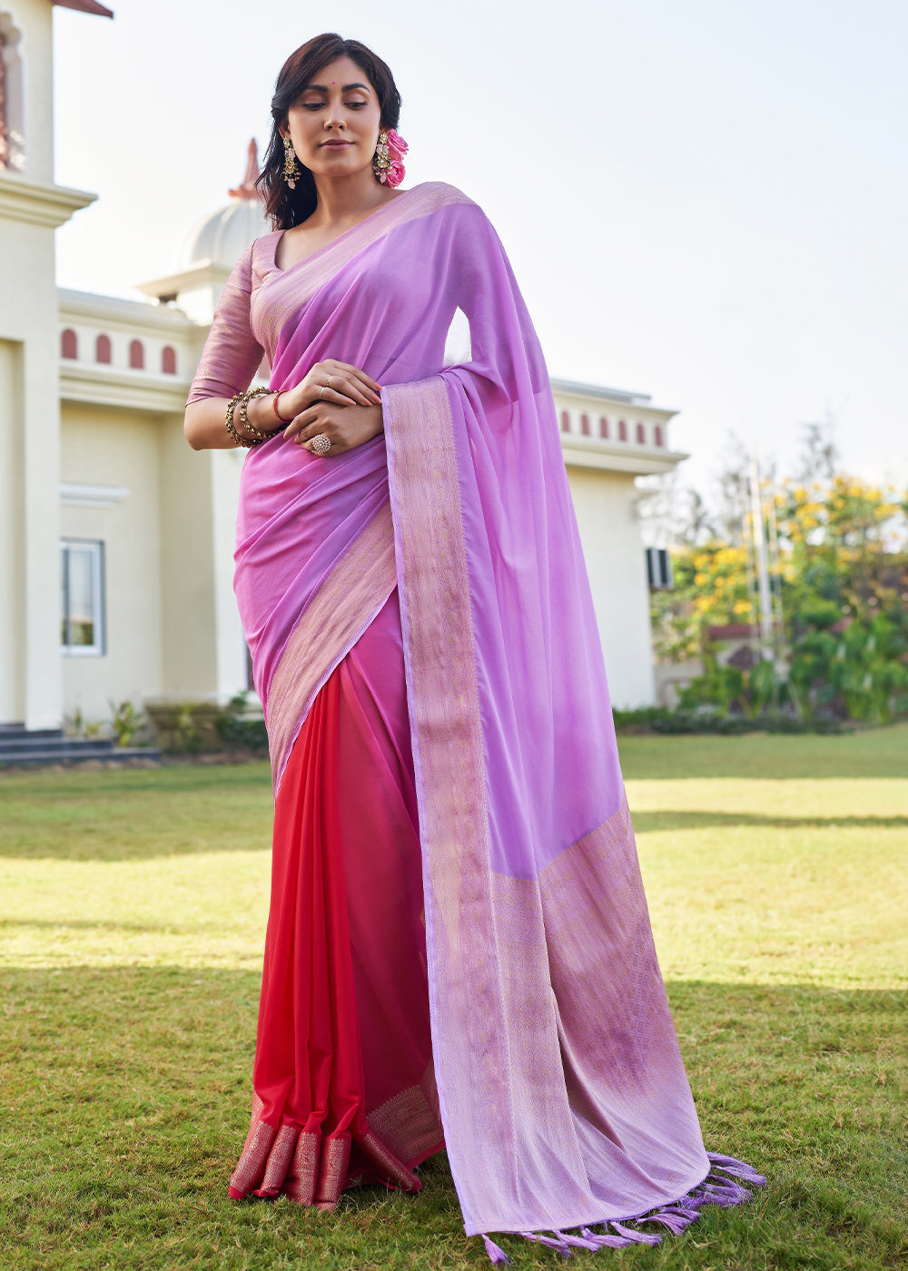 Buy MySilkLove Lavender and Red Woven Georgette saree Online