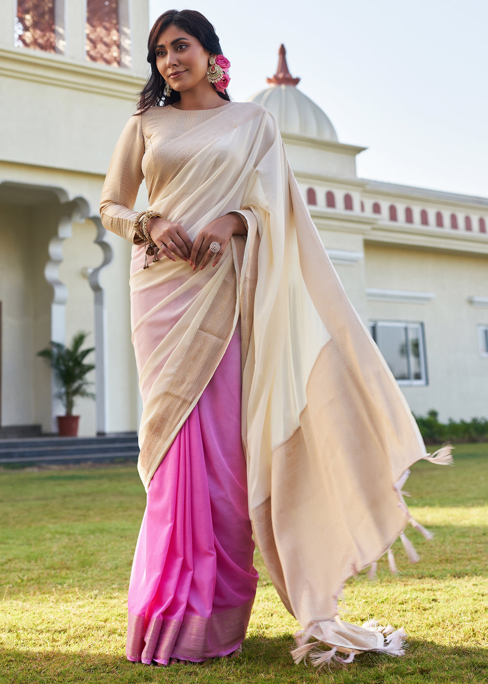 MySilkLove Timberwolf White and Pink Woven Georgette saree