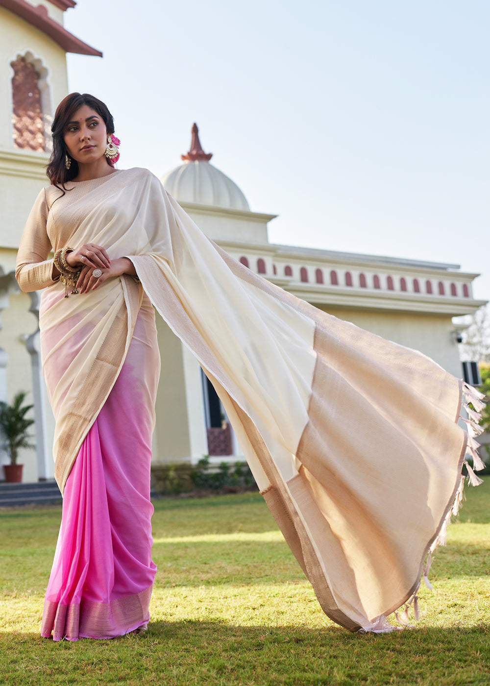 Buy MySilkLove Timberwolf White and Pink Woven Georgette saree Online