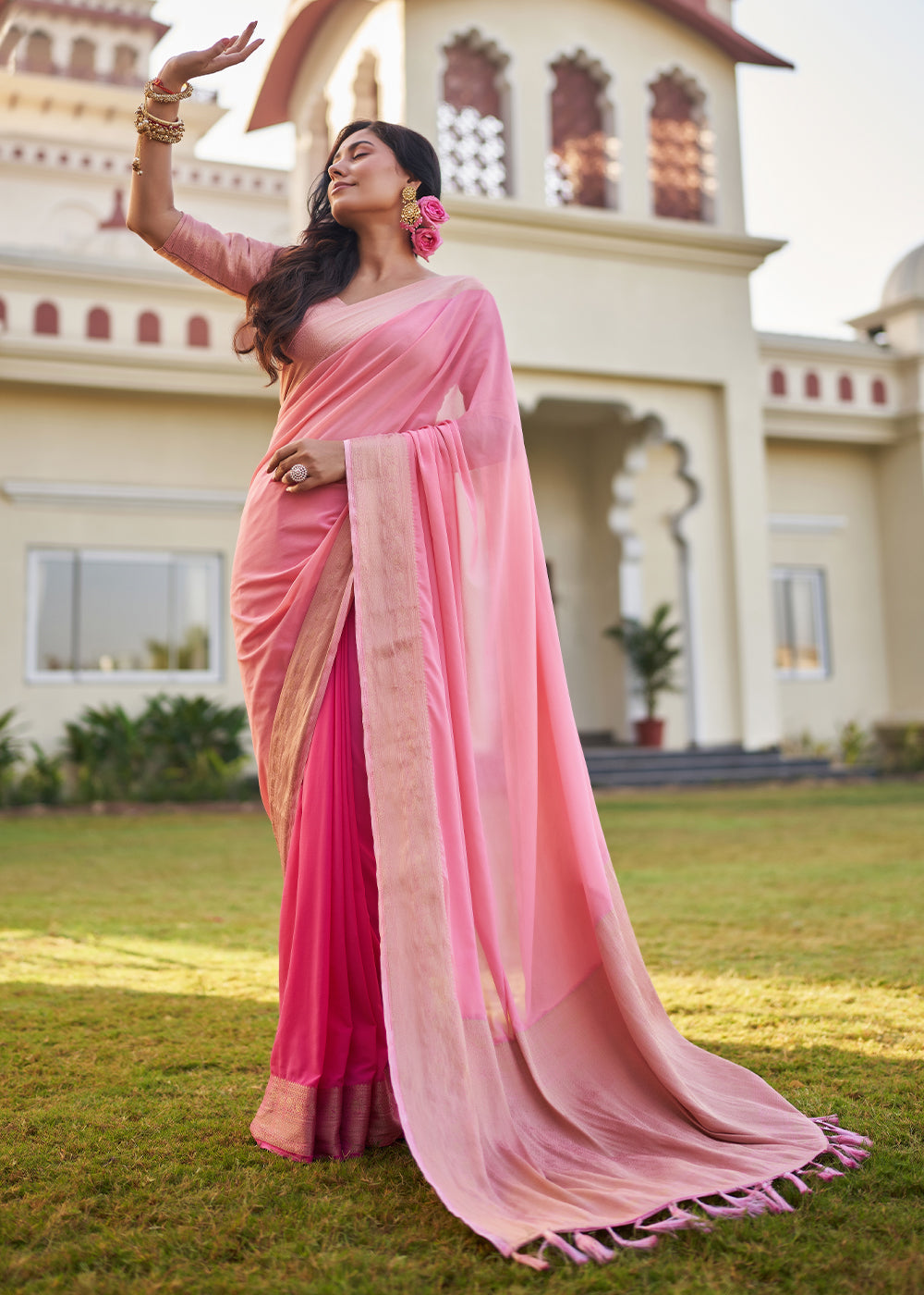 Buy MySilkLove Charm Pink Woven Georgette saree Online