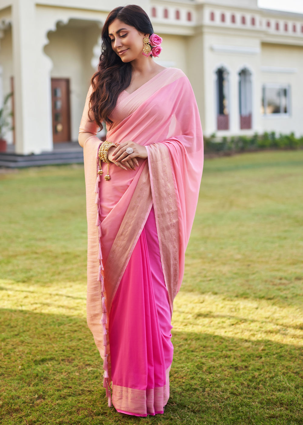 Buy MySilkLove Charm Pink Woven Georgette saree Online