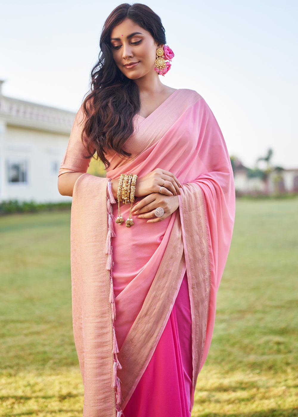 Buy MySilkLove Charm Pink Woven Georgette saree Online