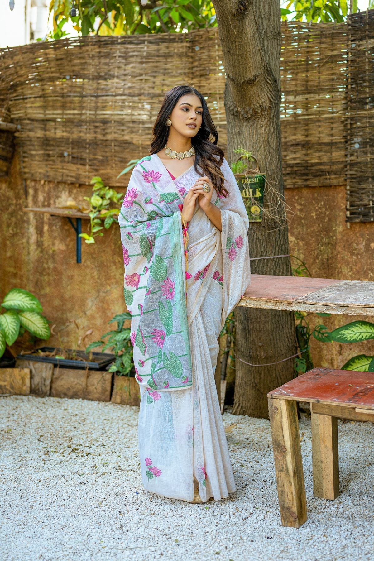 MySilkLove Lily Pink and White Muga Cotton Saree