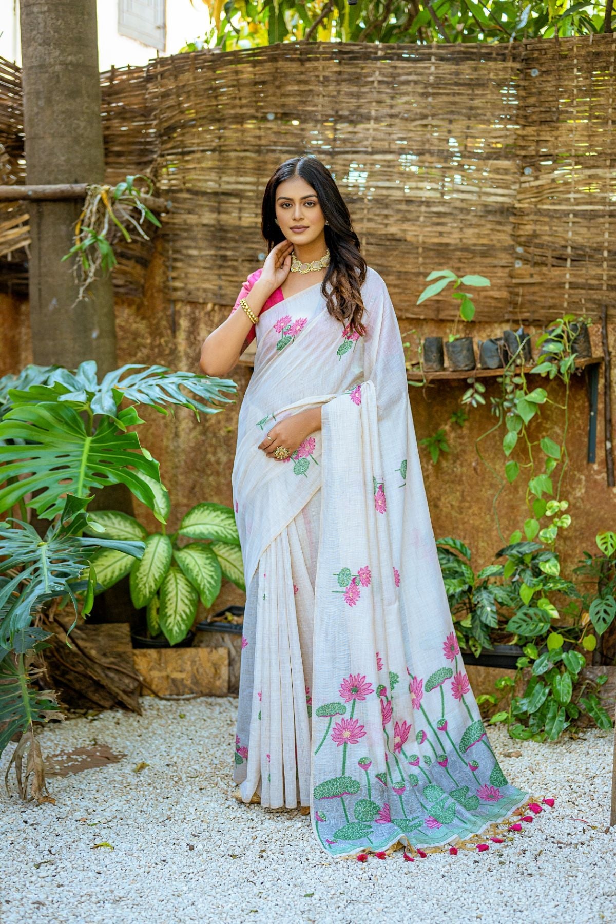 Buy MySilkLove Lily Pink and White Muga Cotton Saree Online