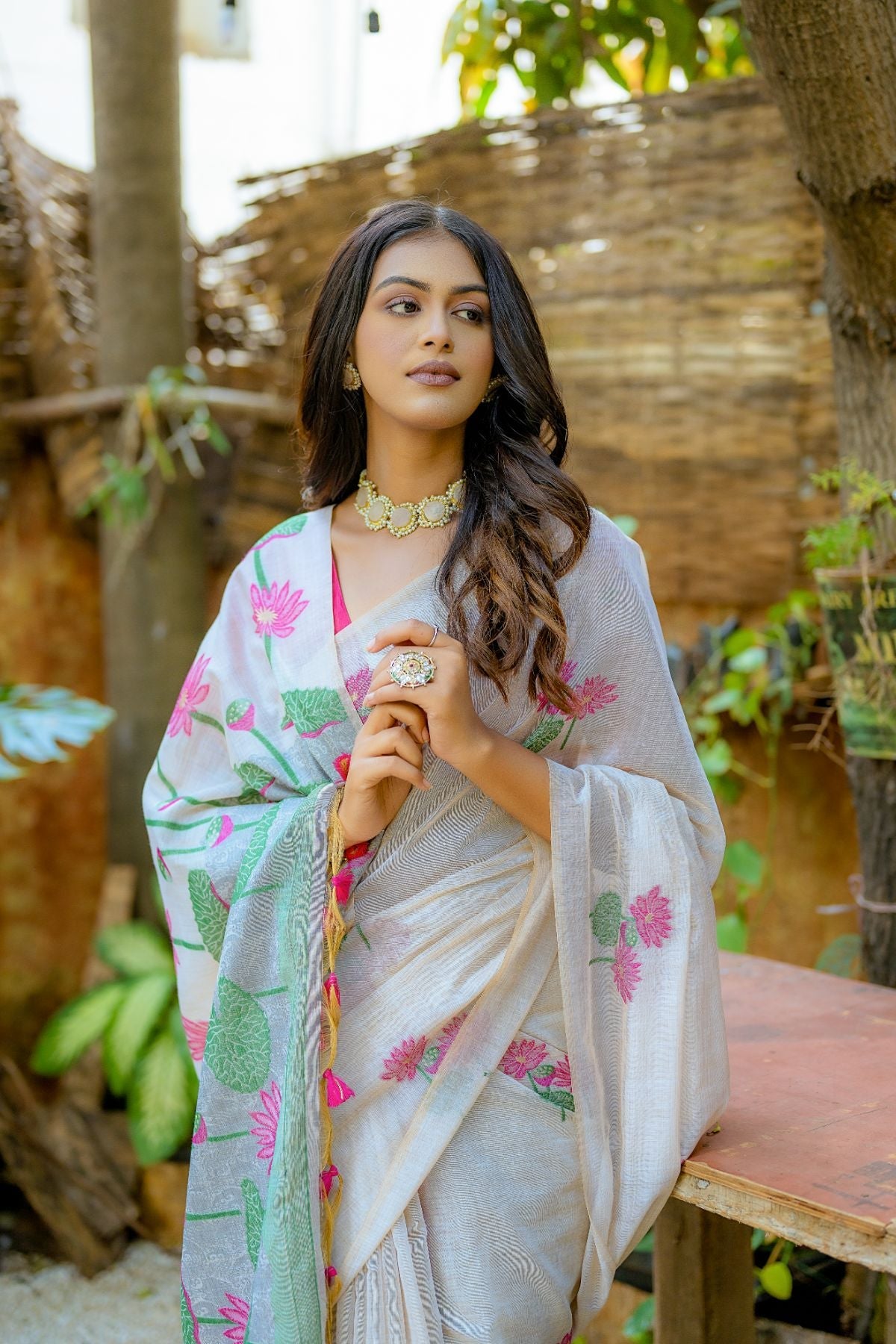 Buy MySilkLove Lily Pink and White Muga Cotton Saree Online