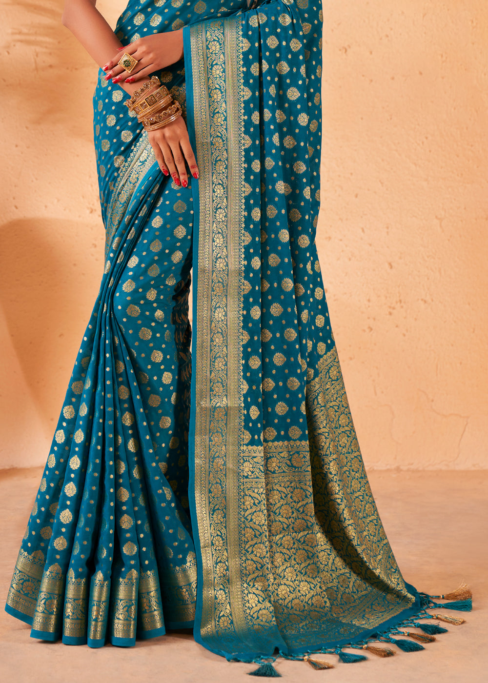 Buy MySilkLove Teal Blue Woven Georgette Saree Online