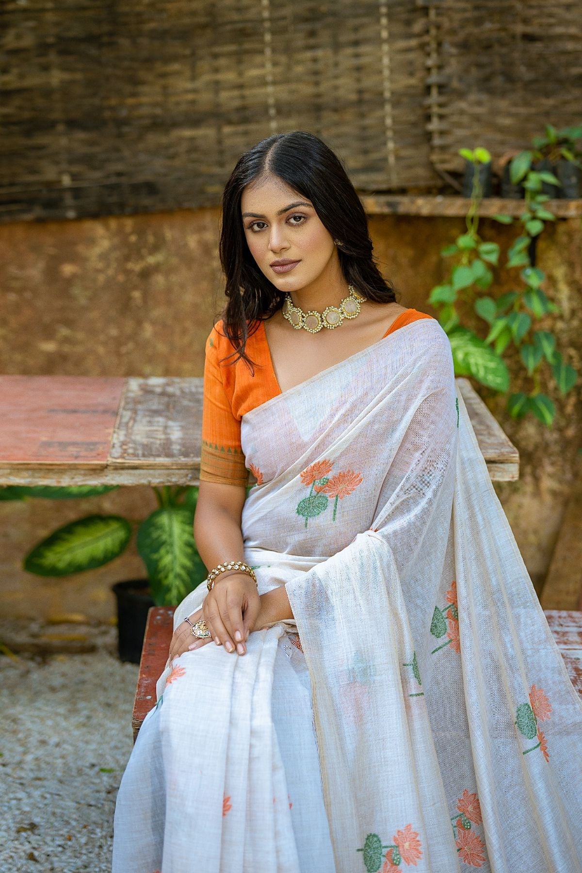 Buy MySilkLove Orange and White Muga Cotton Saree Online