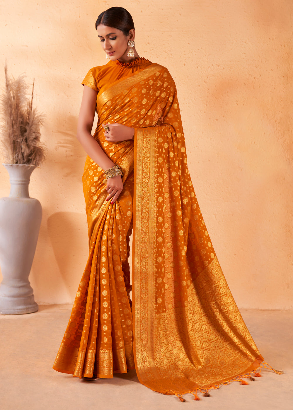 Buy MySilkLove Brandy Punch Yellow Woven Georgette Saree Online