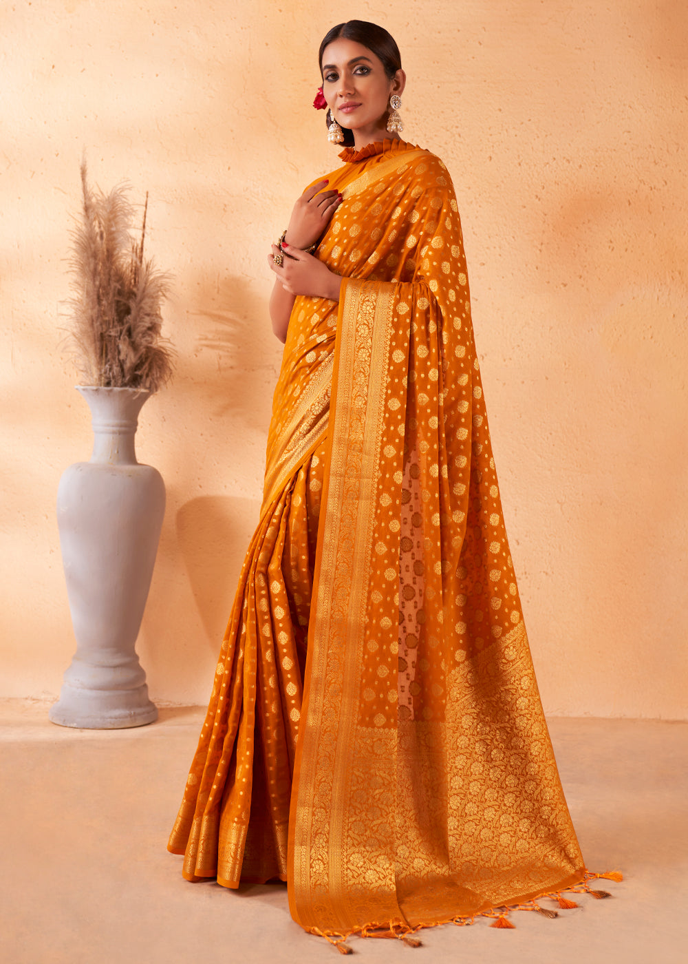 Buy MySilkLove Brandy Punch Yellow Woven Georgette Saree Online