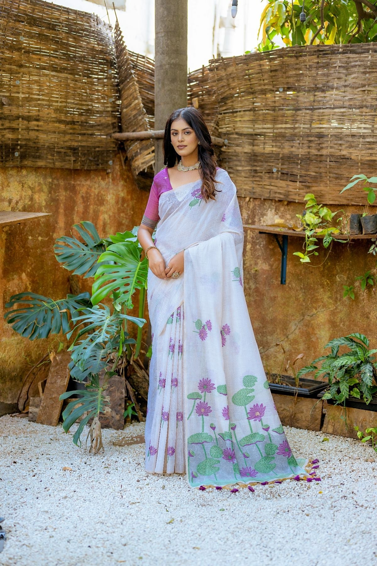 Buy MySilkLove Aster Purple and White Muga Cotton Saree Online