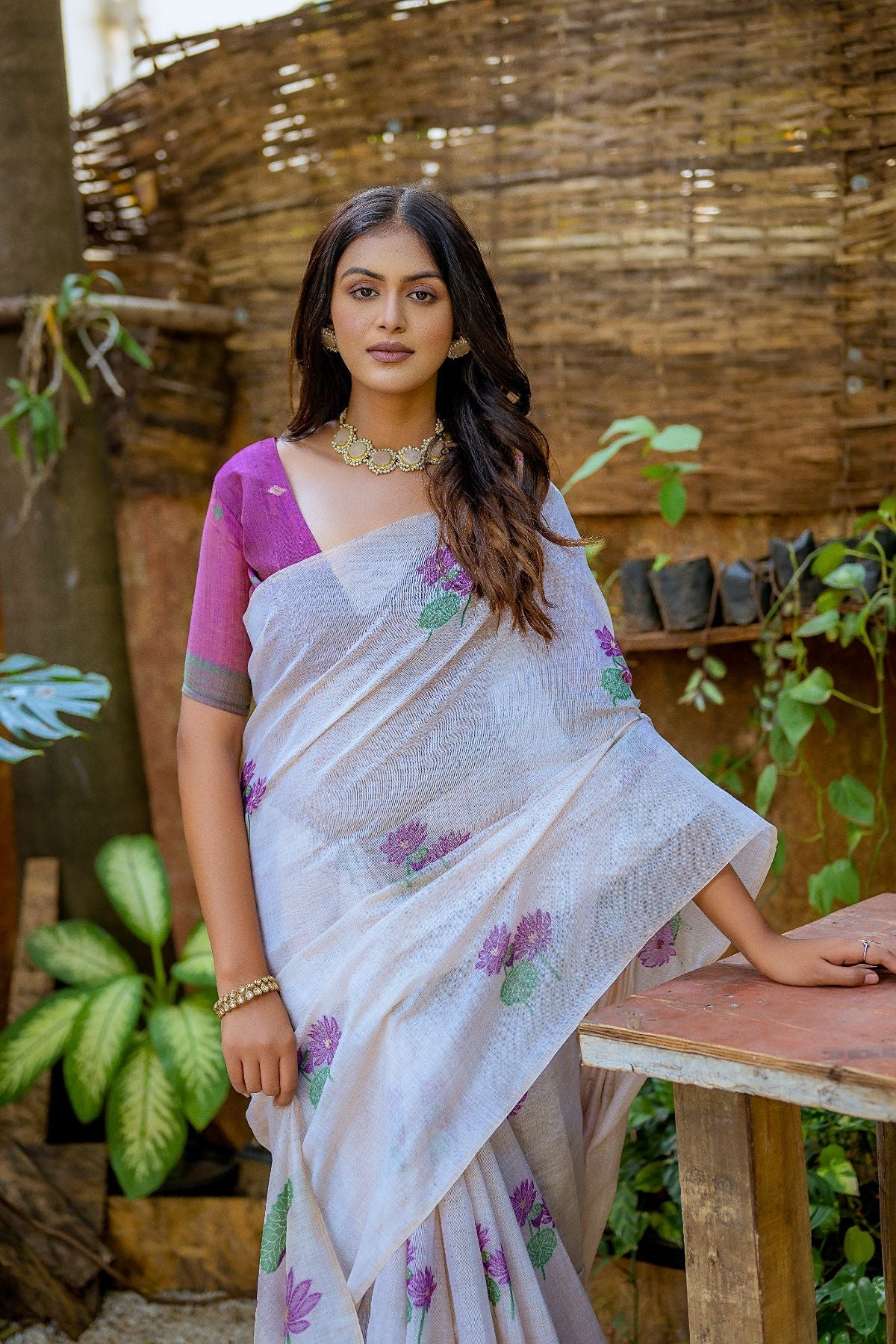 Buy MySilkLove Aster Purple and White Muga Cotton Saree Online