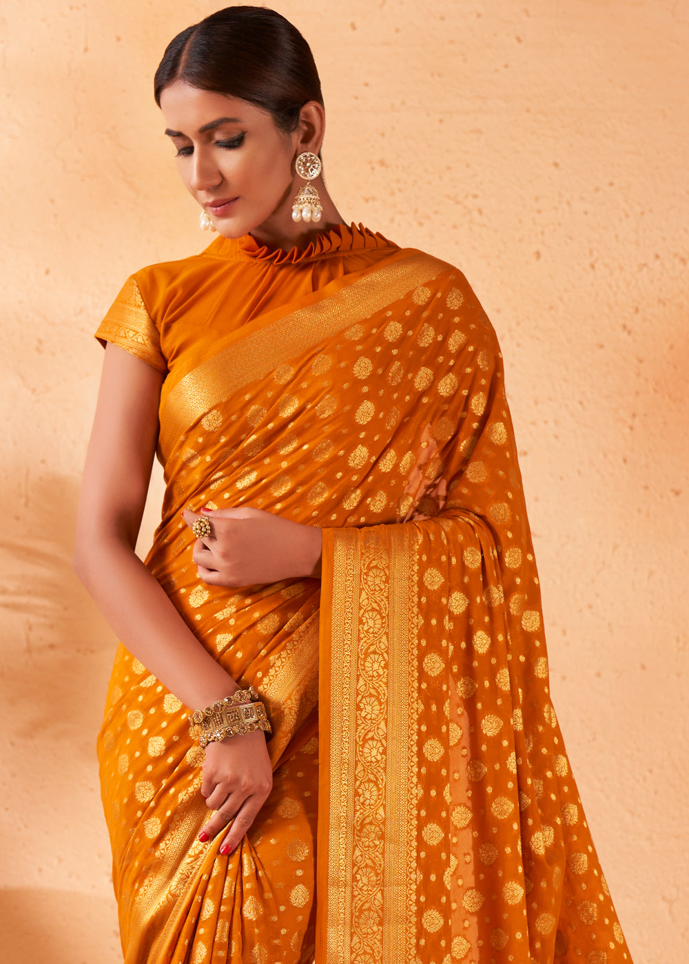 Buy MySilkLove Brandy Punch Yellow Woven Georgette Saree Online