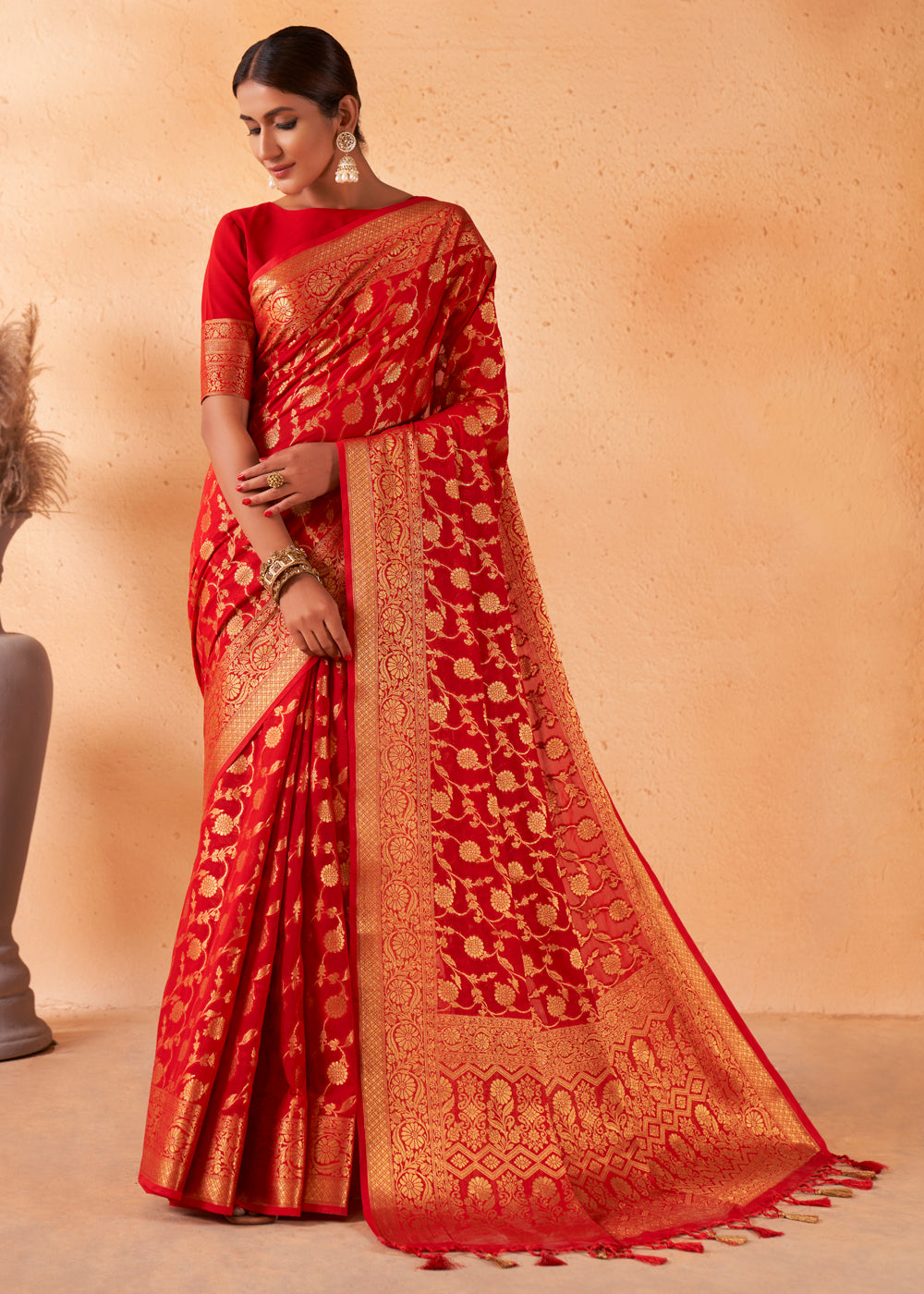 Buy MySilkLove Bright Red Woven Georgette Saree Online