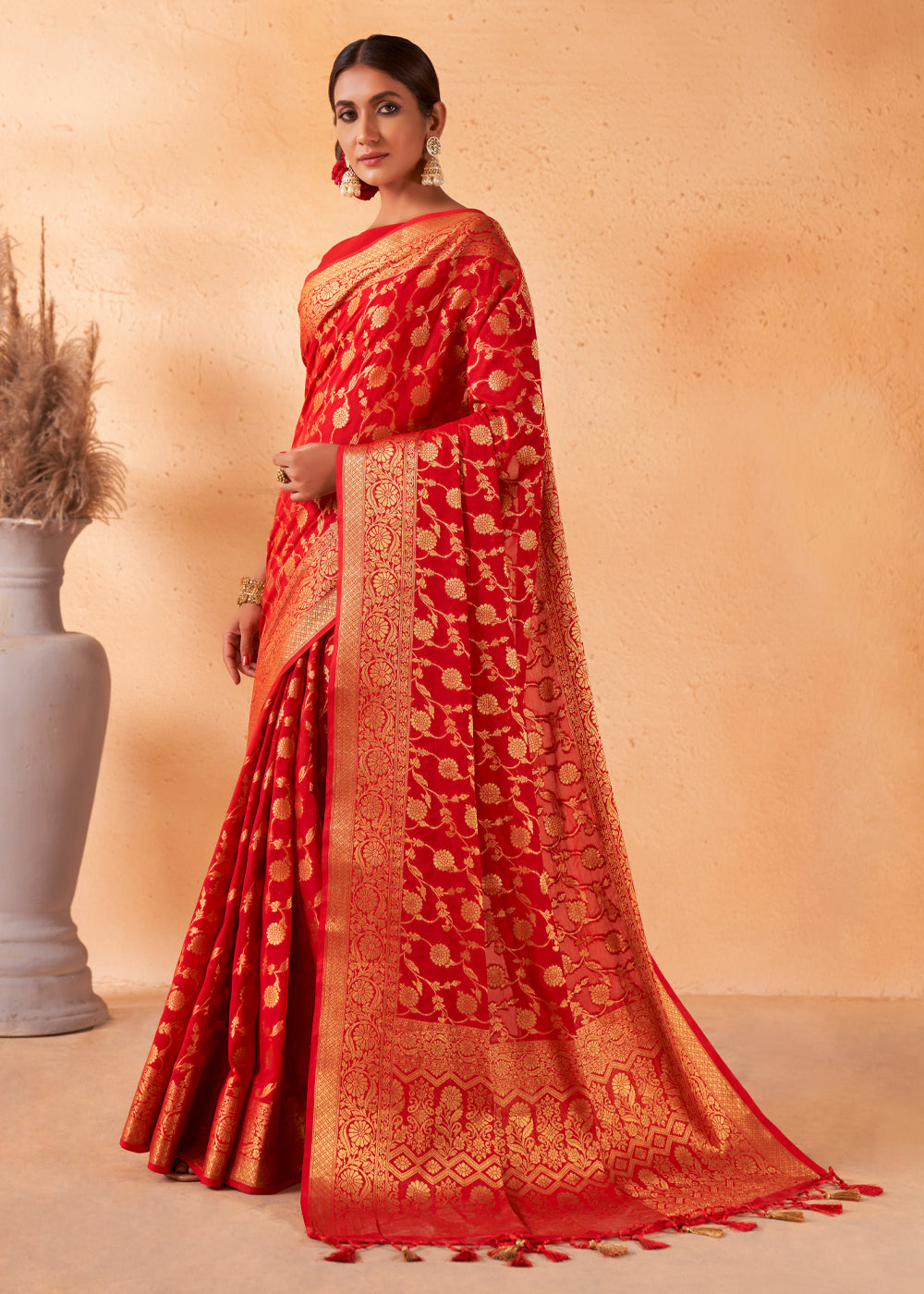 MySilkLove Bright Red Woven Georgette Saree