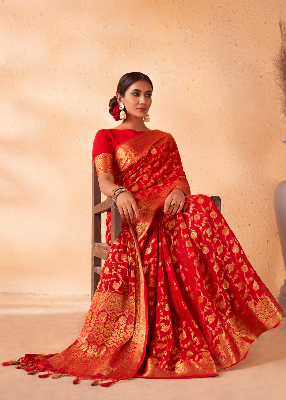 Buy MySilkLove Bright Red Woven Georgette Saree Online