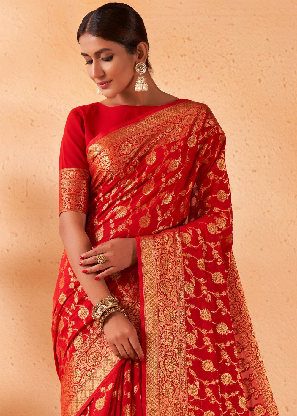 Buy MySilkLove Bright Red Woven Georgette Saree Online