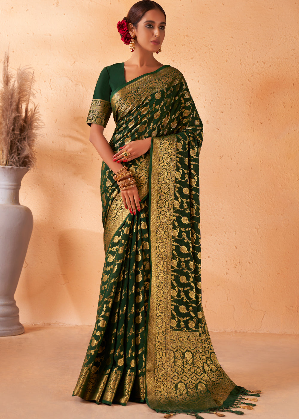 Buy MySilkLove Woodland Green Woven Georgette Saree Online