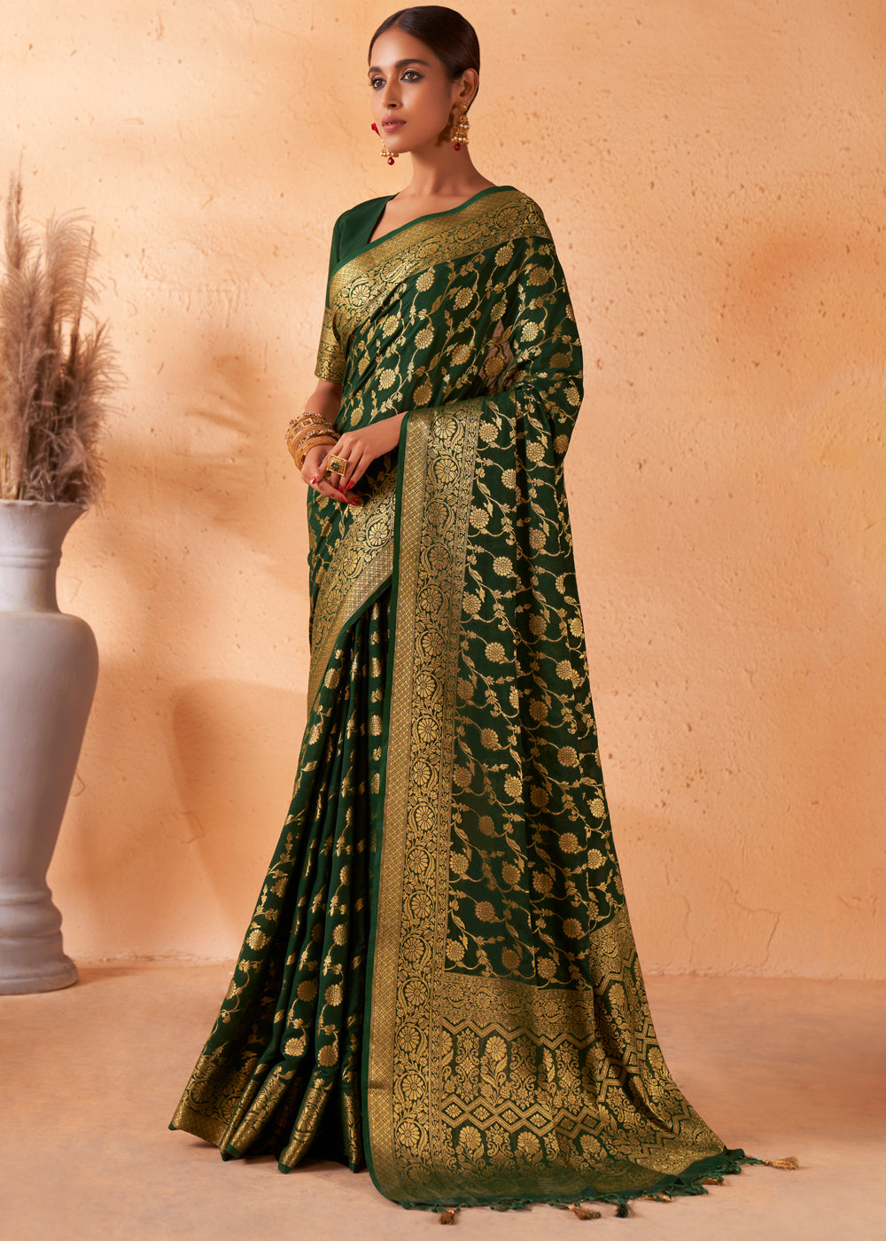 Buy MySilkLove Woodland Green Woven Georgette Saree Online