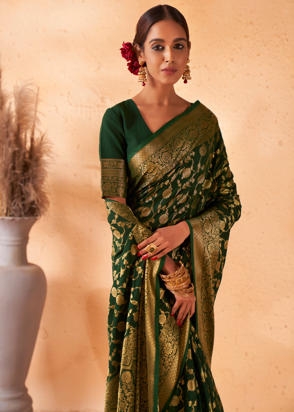 Buy MySilkLove Woodland Green Woven Georgette Saree Online