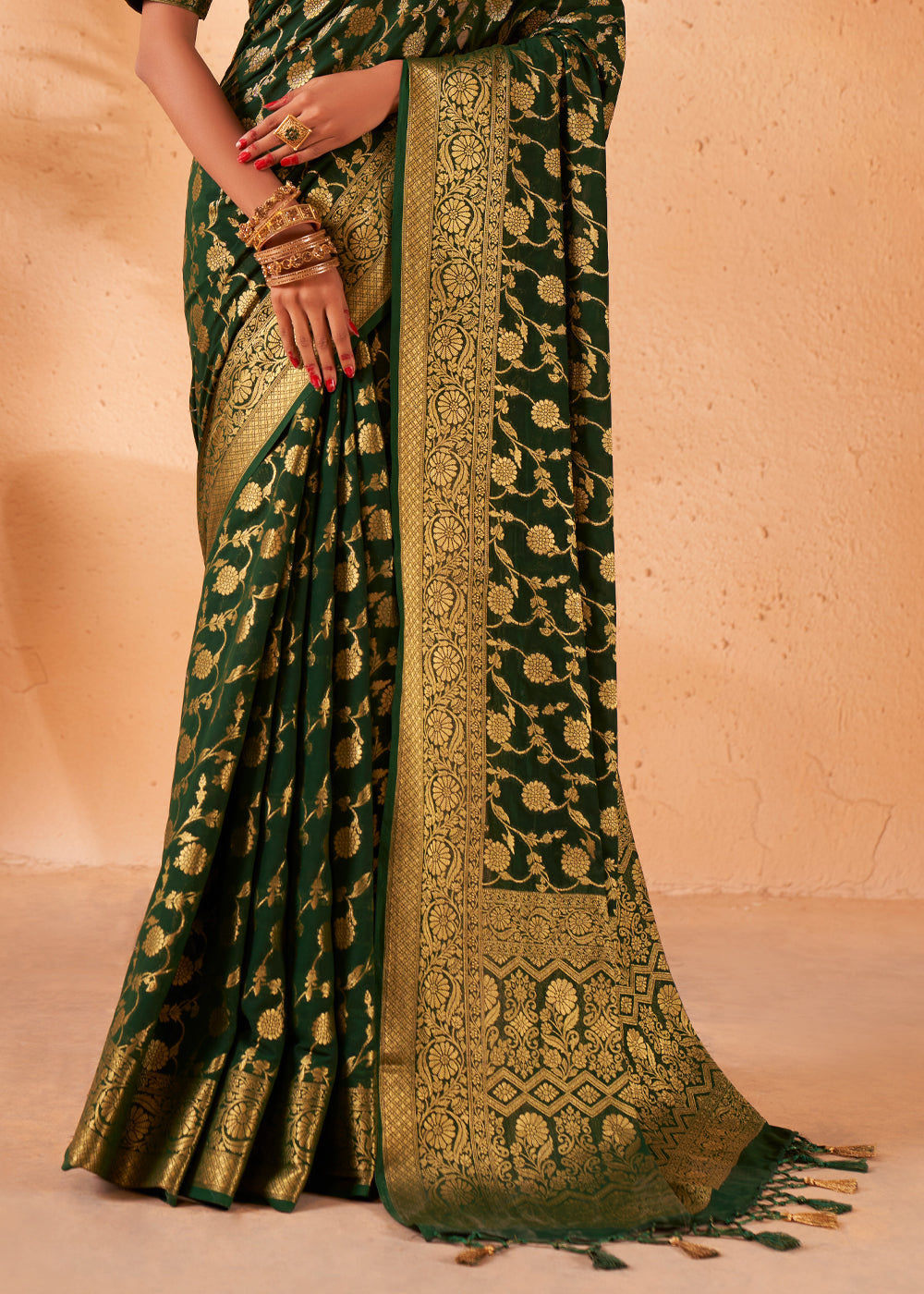 Buy MySilkLove Woodland Green Woven Georgette Saree Online