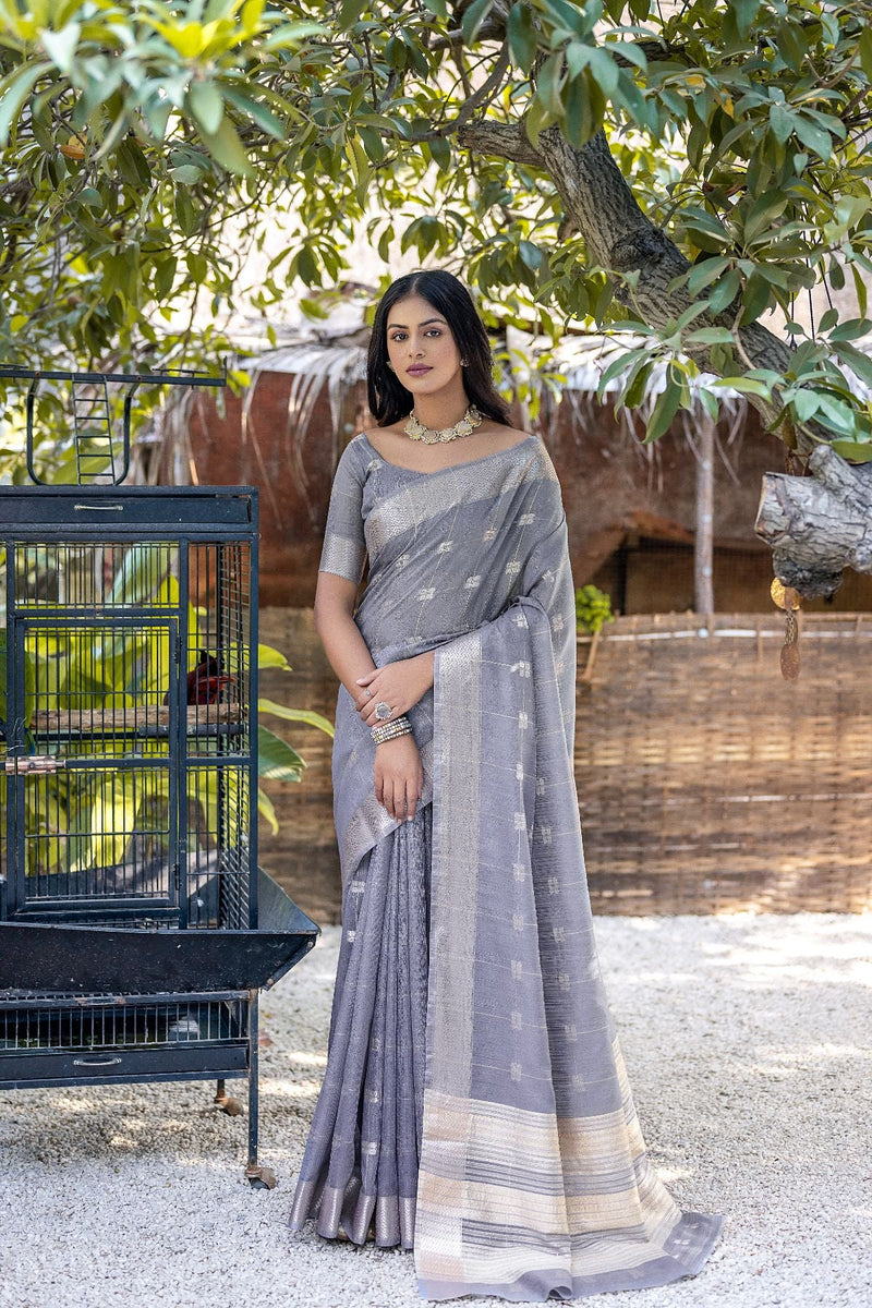 Grey Cotton Handspun Handwoven Saree With Checkered Design - Charukriti -  4071100