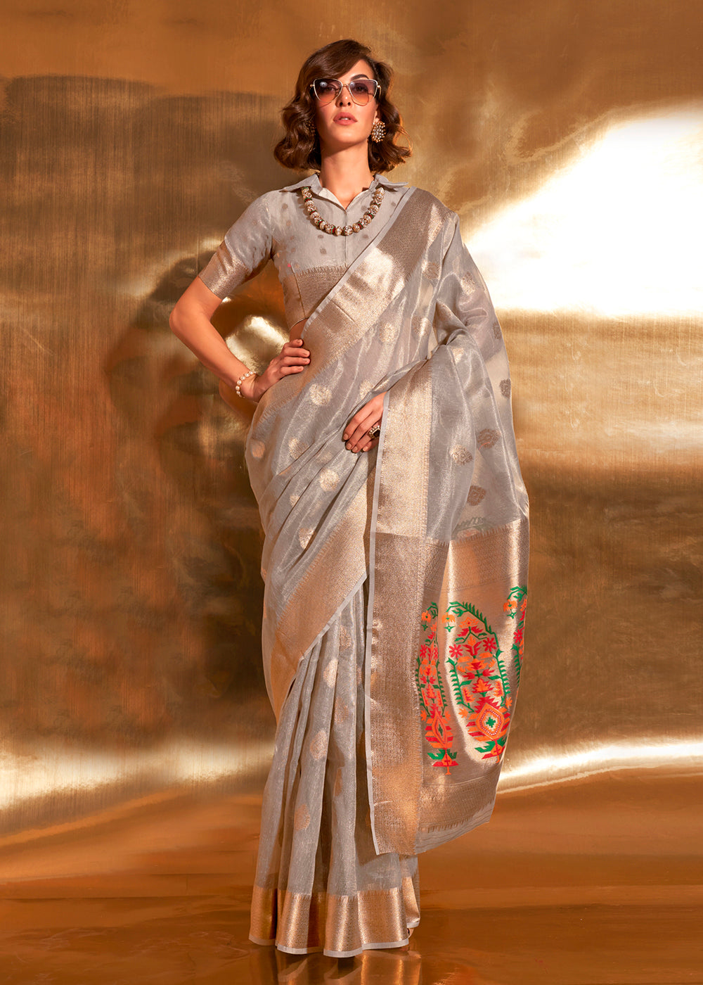 Buy MySilkLove Pastel Grey Handloom Tissue Silk Saree Online