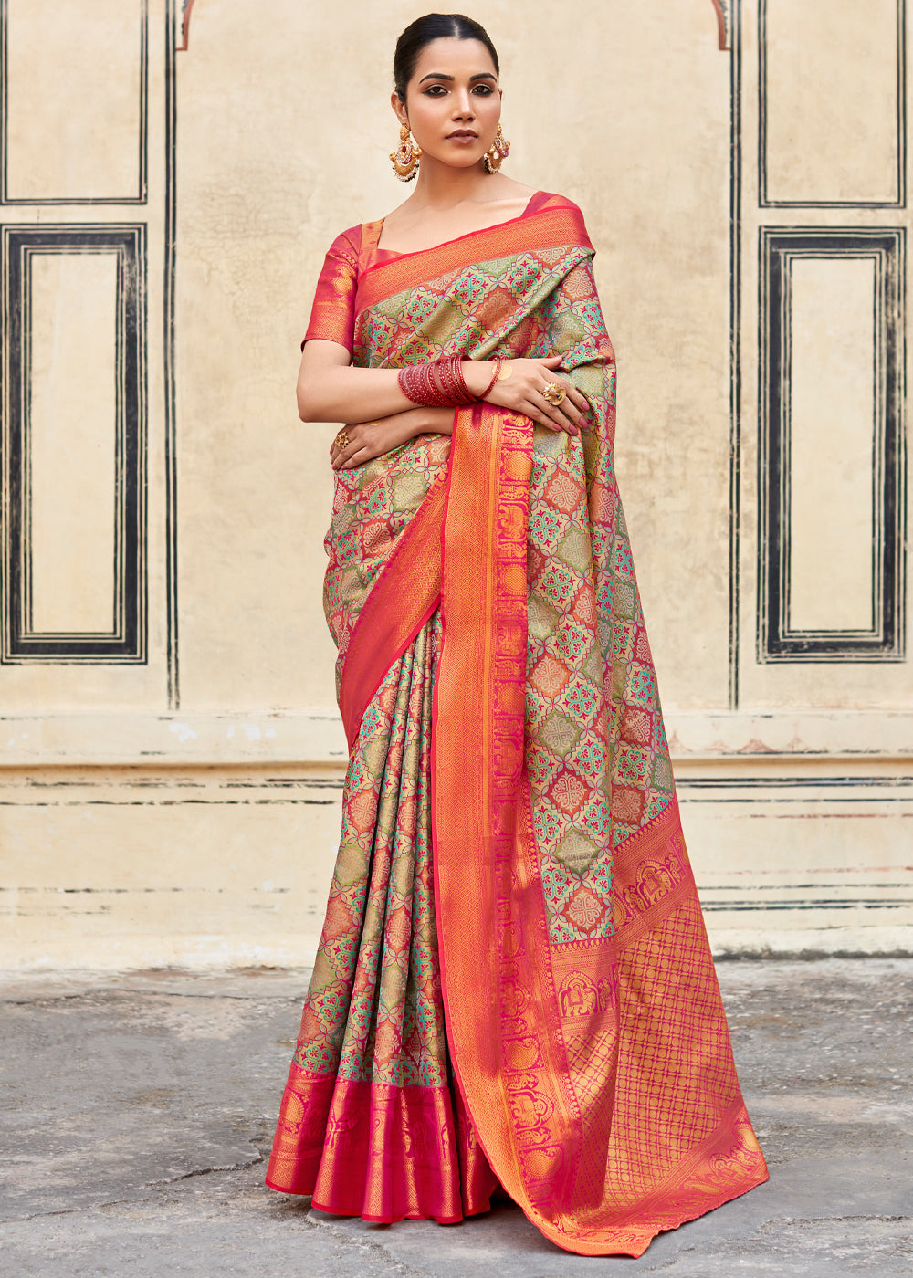 Buy MySilkLove Indian Khaki Green and Red Woven Banarasi Silk Saree Online