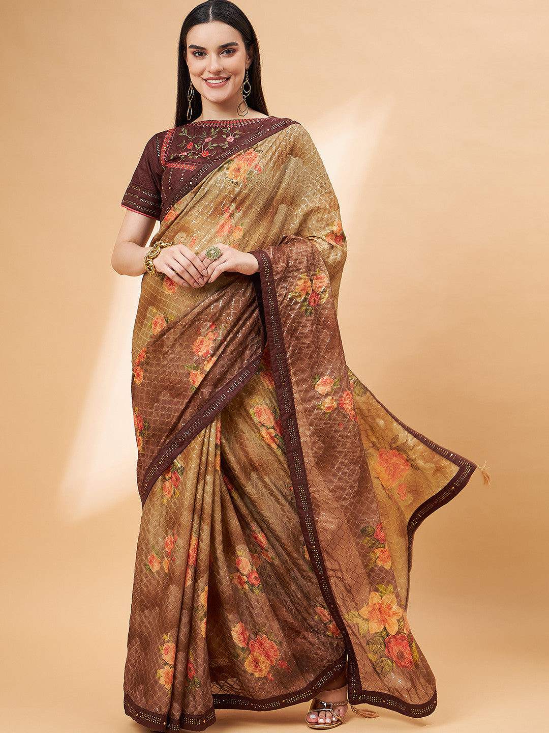 Buy MySilkLove Pastry Brown Georgette Designer Saree Online