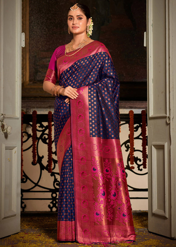 Fuchsia Blue and Pink Woven Banarasi Silk Saree