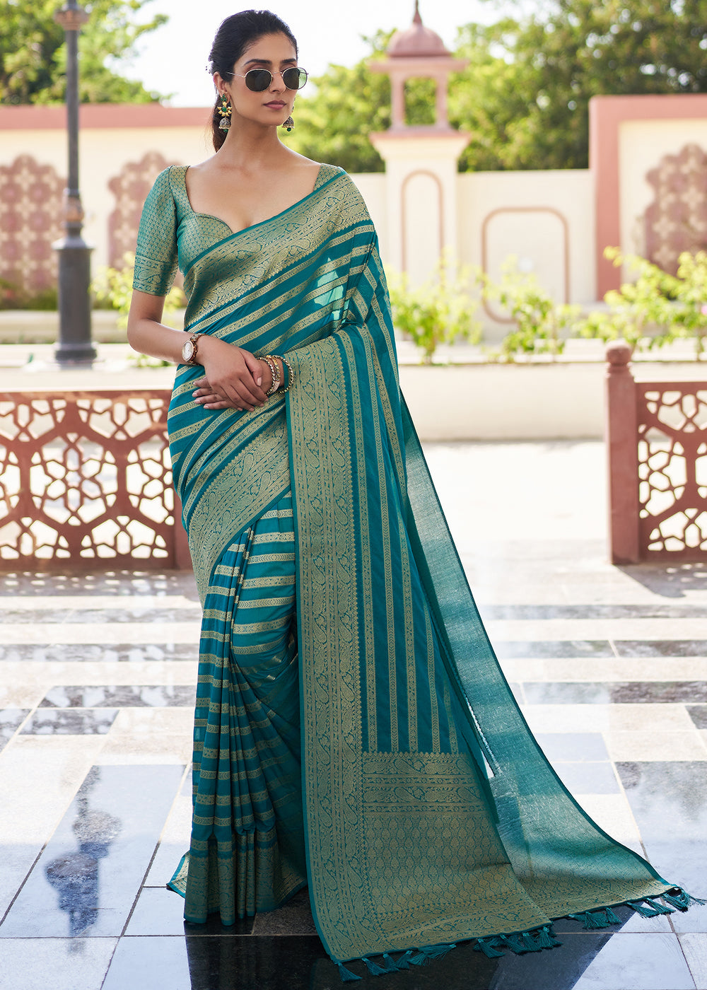 Buy MySilkLove Elm Blue Woven Lehriya Georgette Saree Online