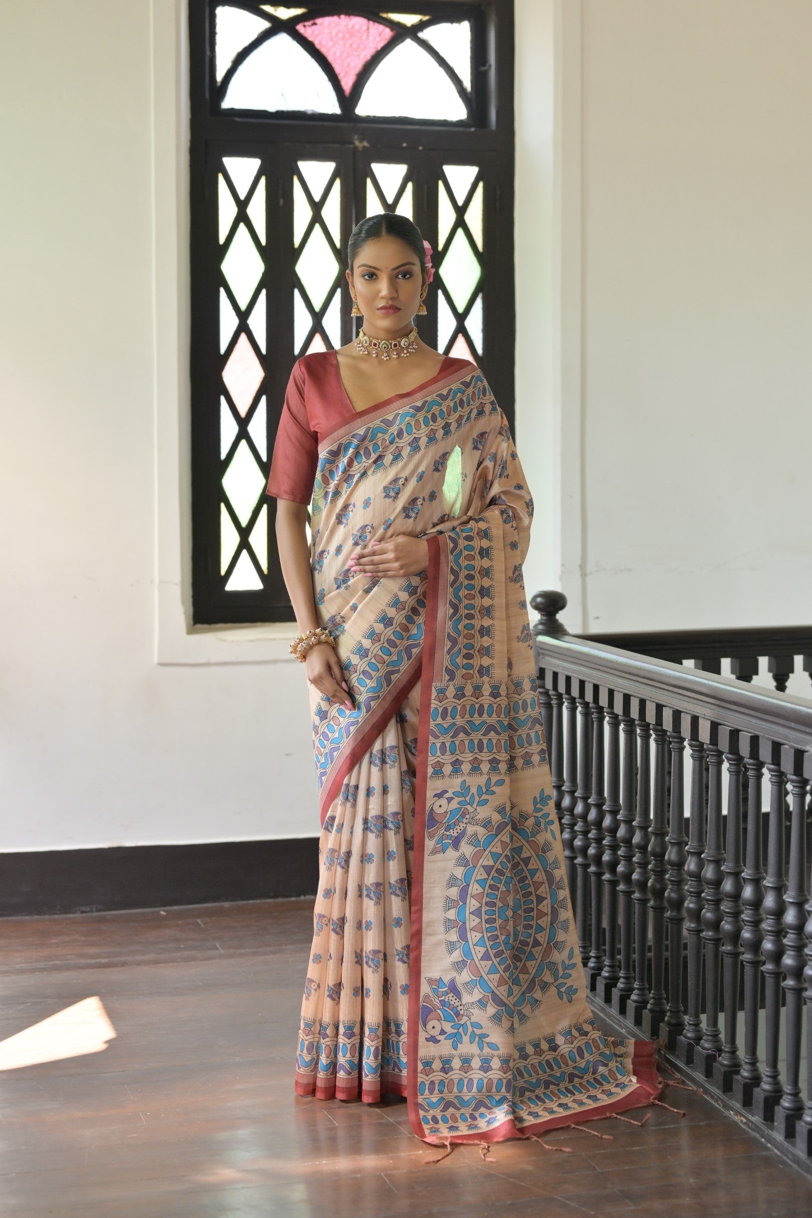 Buy MySilkLove Vanilla Cream and Red Madhubani Printed Tussar Silk Saree Online