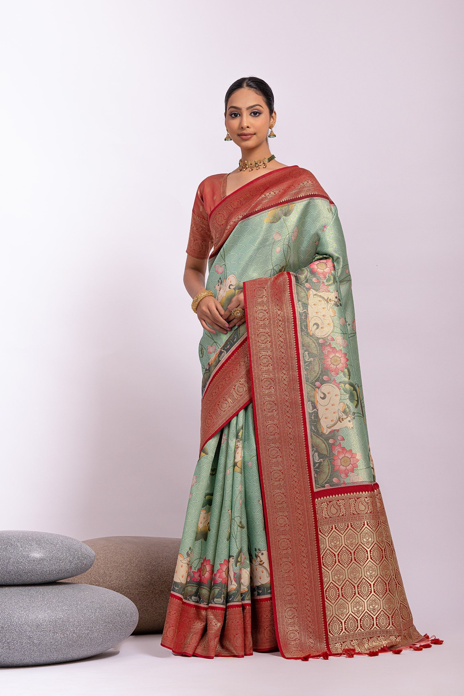 Buy MySilkLove Camouflage Green Woven Tissue Silk Saree Online