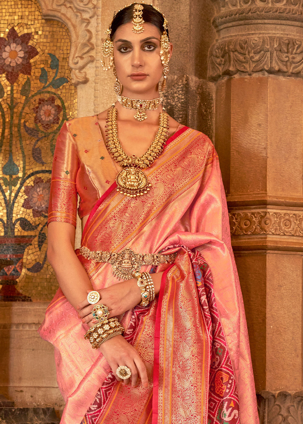 Buy MySilkLove Froly Peach Zari Woven Banarasi Meenkari Silk Saree Online