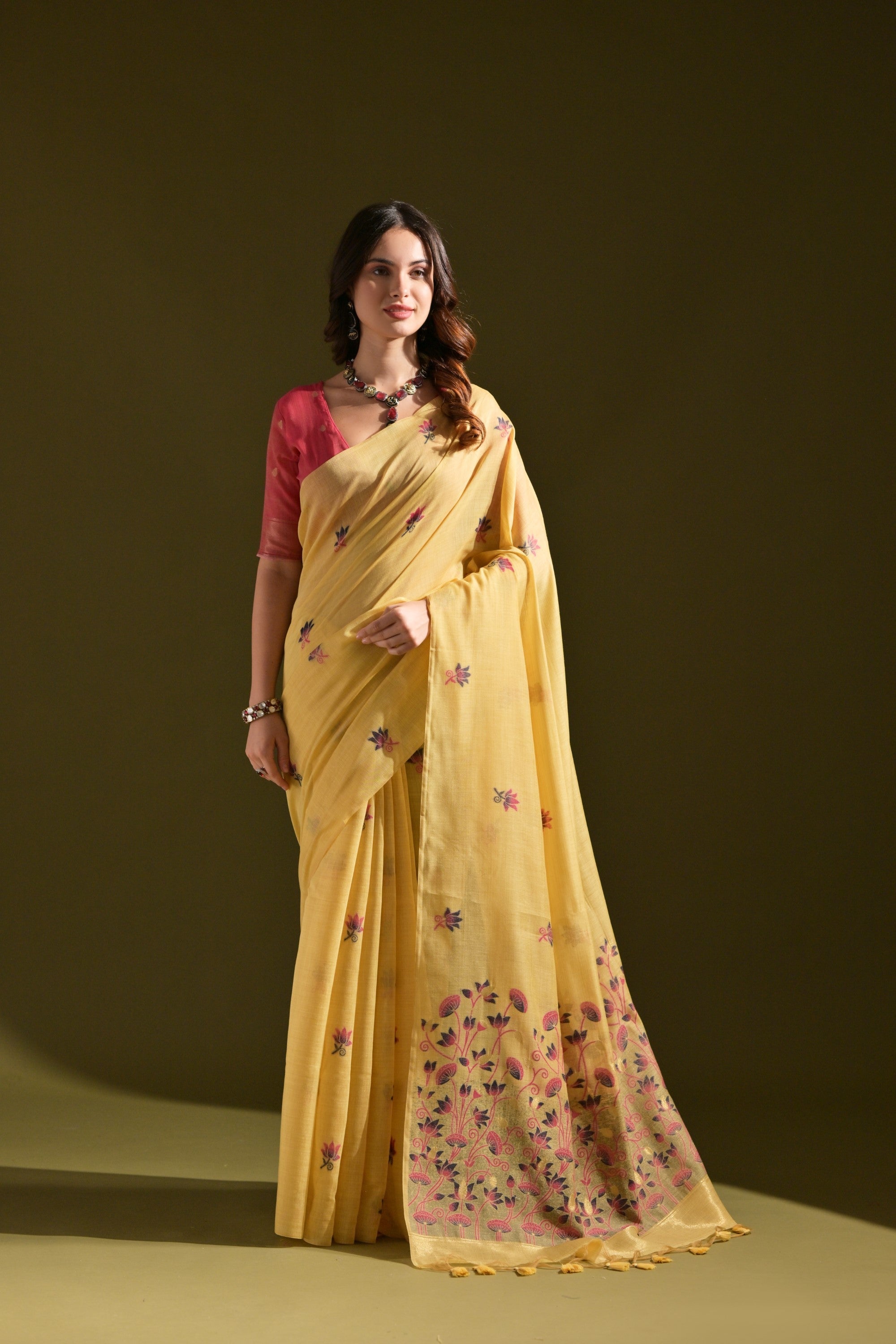 Buy MySilkLove Chalky Yellow Meenakari Woven Muga Cotton Saree Online