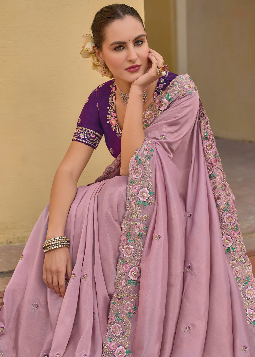Buy MySilkLove Viola Pink Tissue Organza Embroidered Silk Saree Online