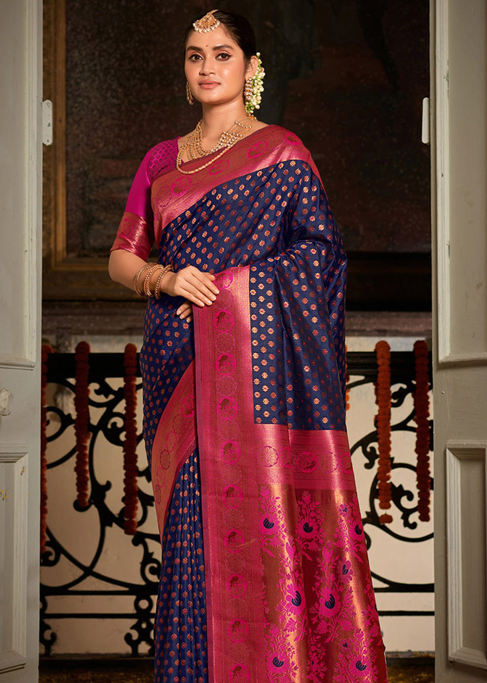 Buy MySilkLove Fuchsia Blue and Pink Woven Banarasi Silk Saree Online