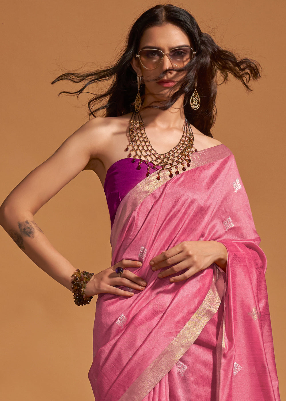 Buy MySilkLove Tulip Pink Handloom Banarasi Silk Saree Online