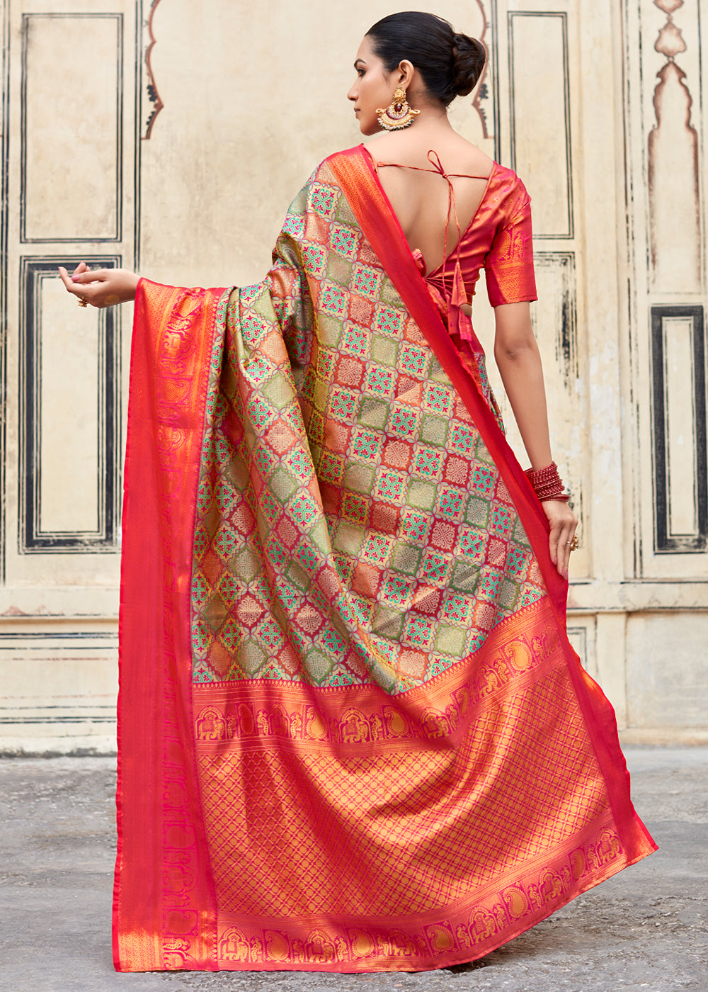 Buy MySilkLove Indian Khaki Green and Red Woven Banarasi Silk Saree Online