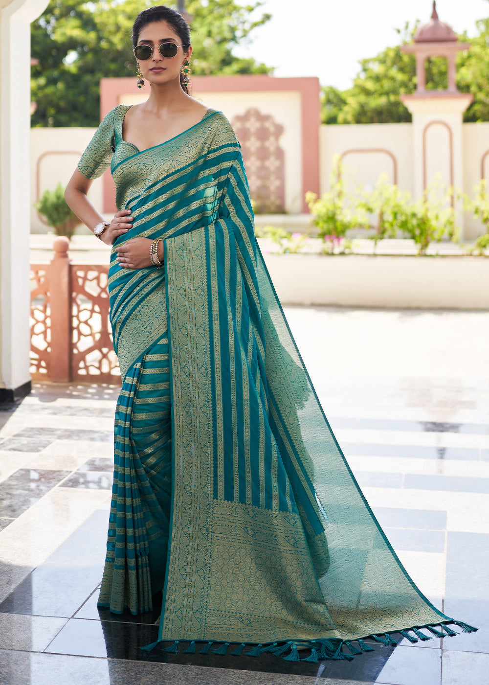 MySilkLove Elm Blue Woven Lehriya Georgette Saree