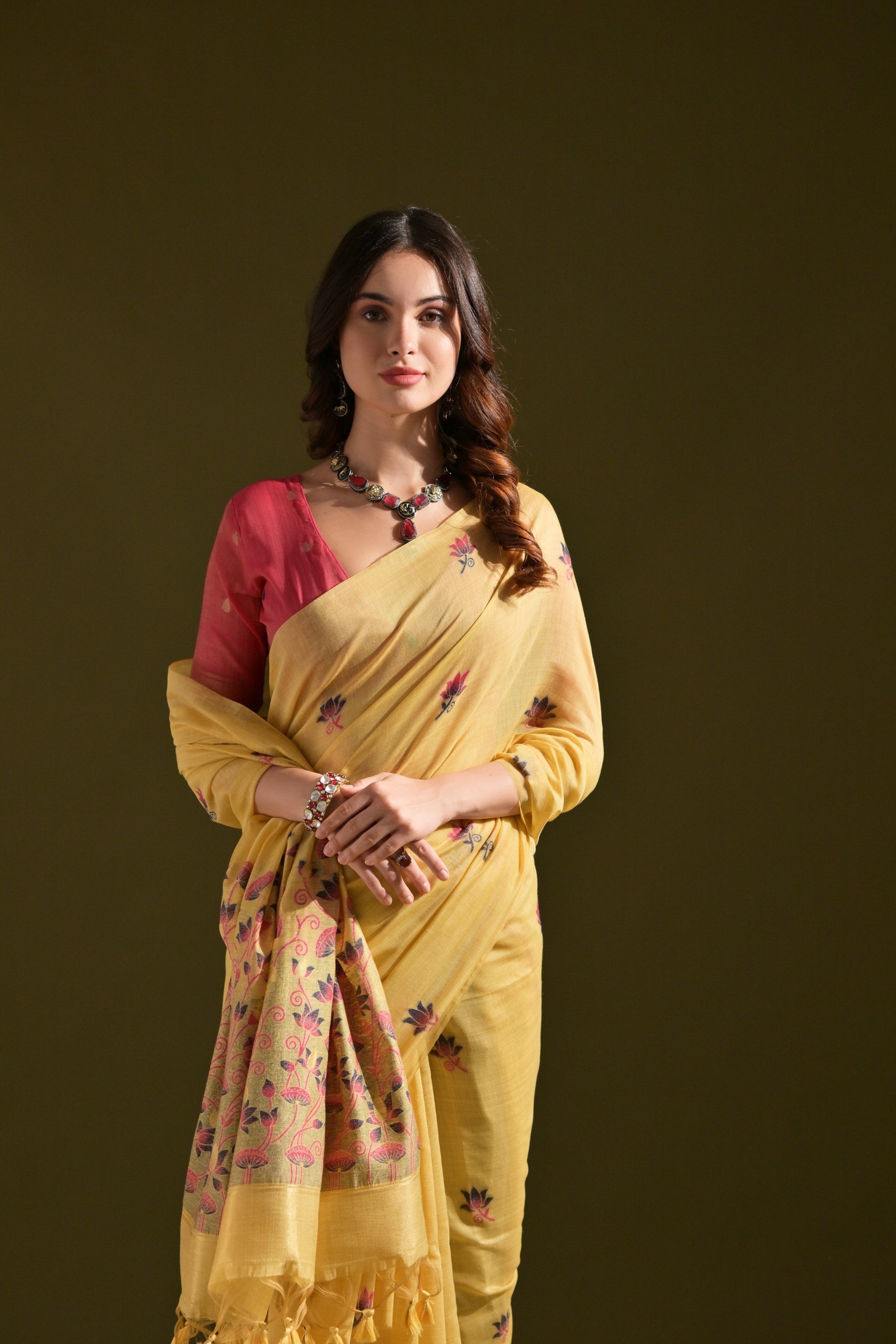 Buy MySilkLove Chalky Yellow Meenakari Woven Muga Cotton Saree Online