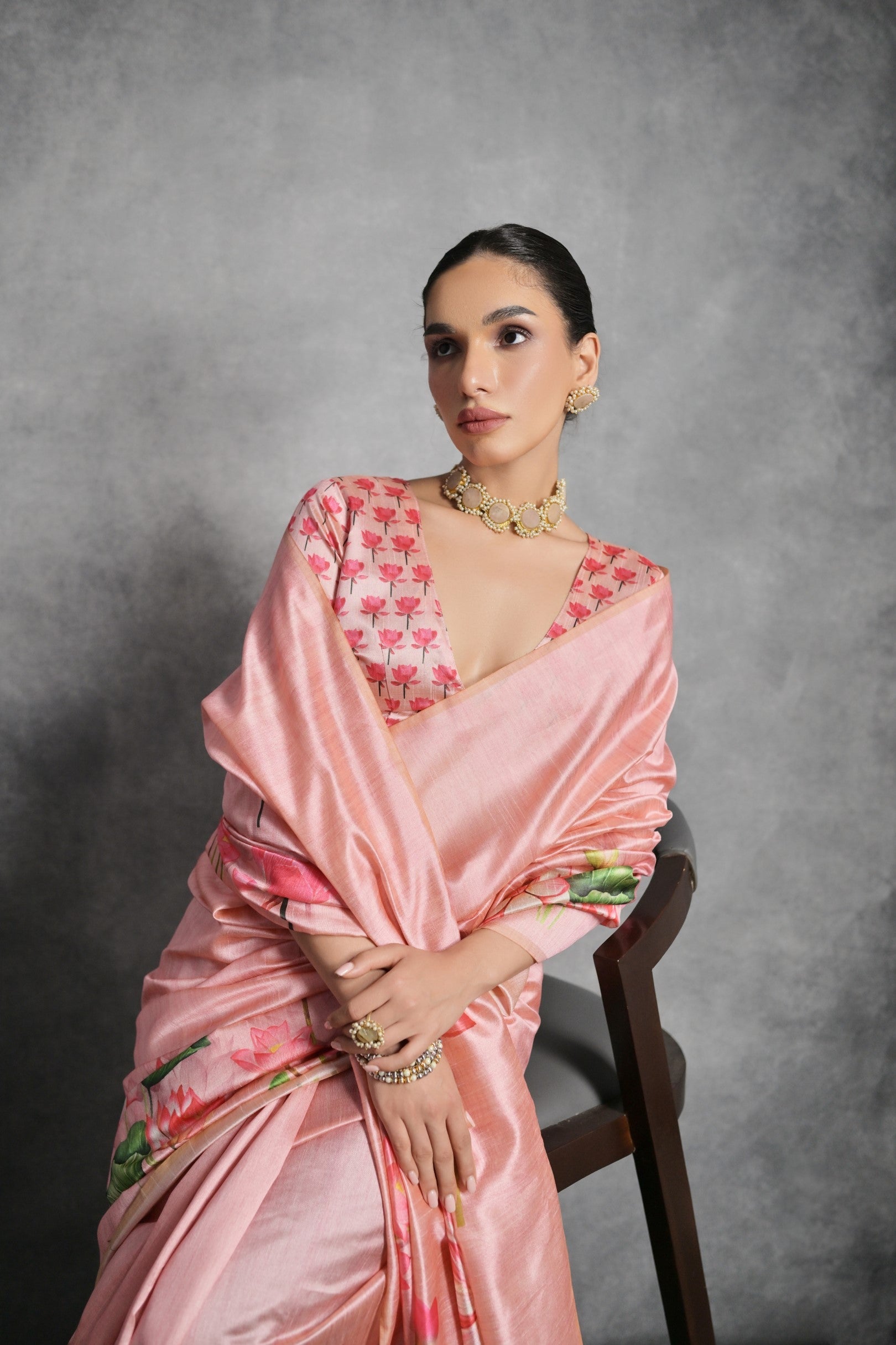 Buy MySilkLove Oriental Pink Floral Printed Tussar Silk Saree Online