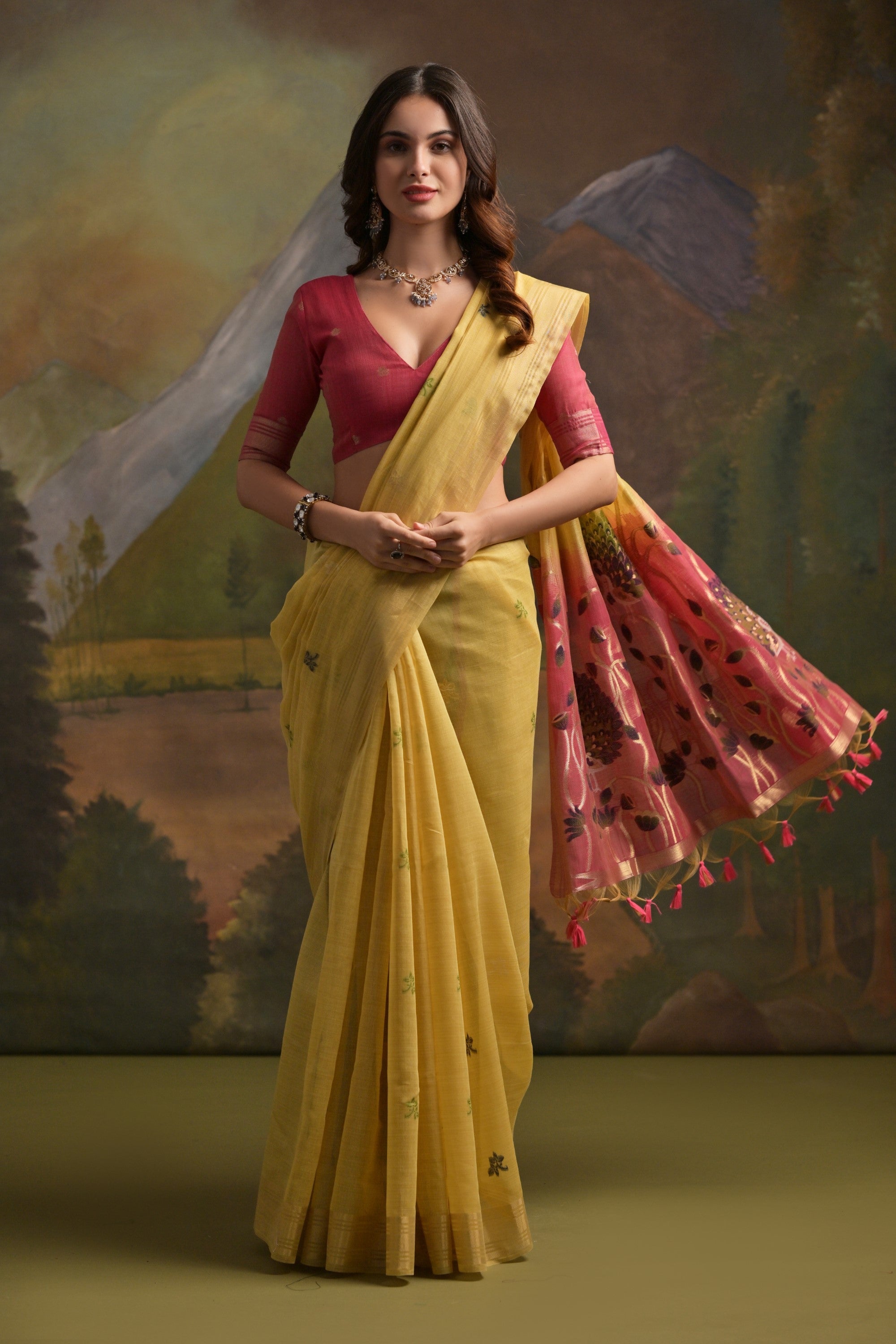 Buy MySilkLove Bush Yellow Pichwai Woven Muga Cotton Saree Online