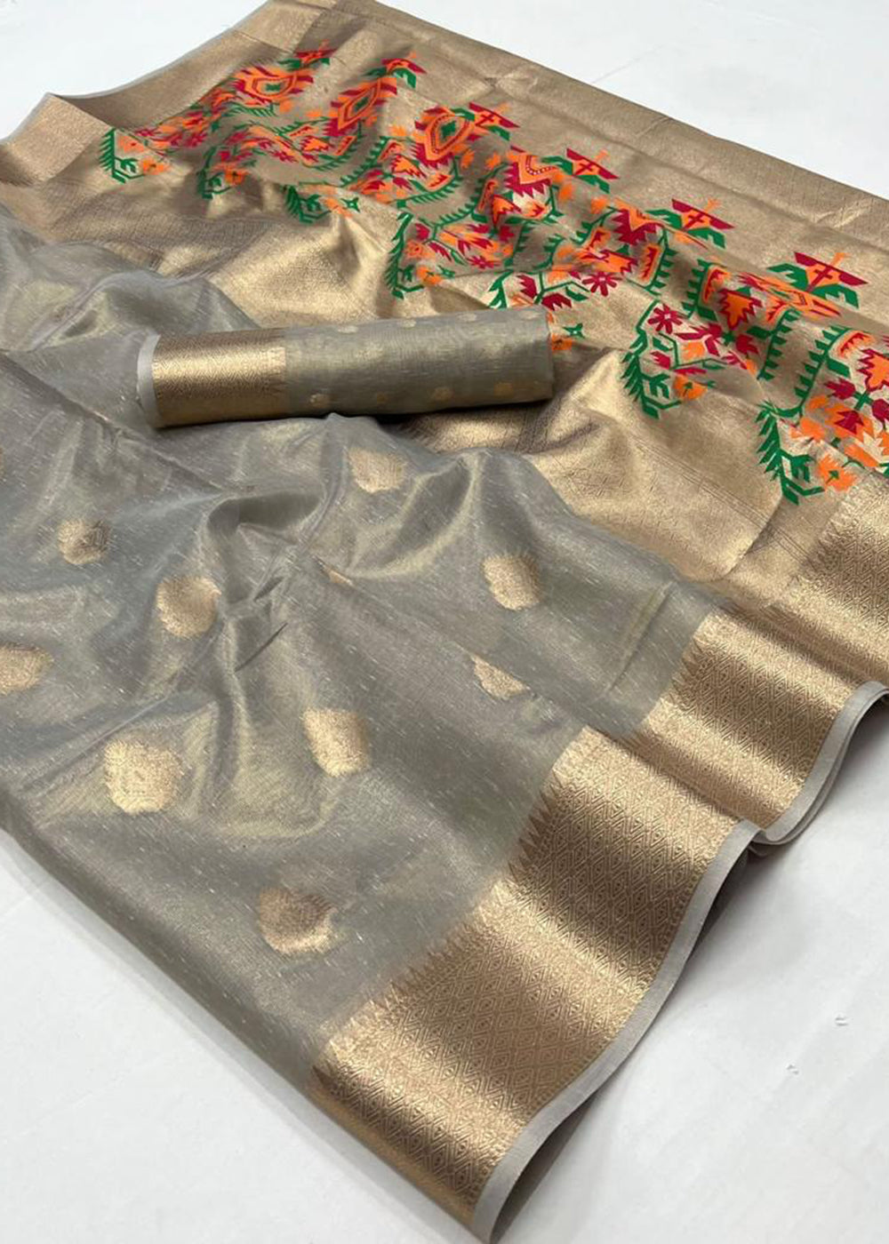 Buy MySilkLove Pastel Grey Handloom Tissue Silk Saree Online